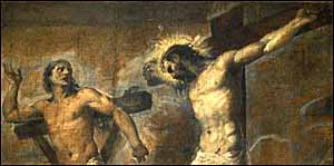Titian, detail of 'Christ and the Good Thief' (1566), oil on canvas, 54 x 59 in., Pinacoteca Nazionale di Bologna, Italy