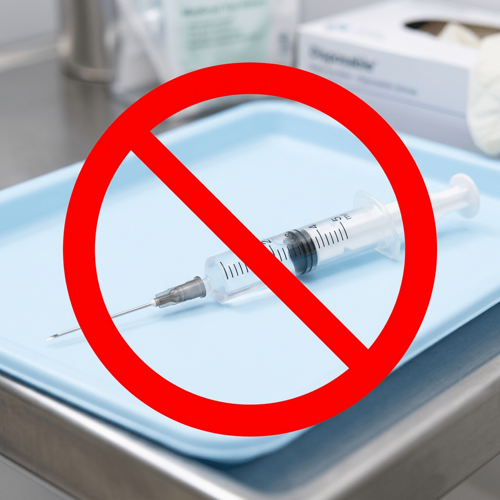 Syringe on a tray with a red prohibition symbol overlay